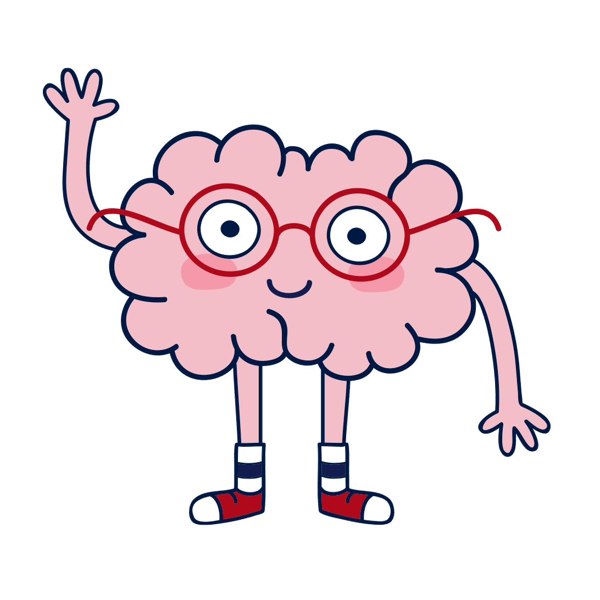 Mascota de VG English School, un cerebro con anteojos que saluda
